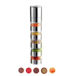 Sunmei Portable Travel Spice Kit, Modular Travel Spice Containers, 5-in-1 Spice Salt and Pepper Grinder Set for Camping Kitchen, Travel, Car Camping, RV, Outdoors (Stainless Steel, 1.1 fl.oz. x 5)