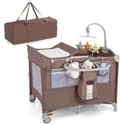HONEY JOY Pack and Play with Bassinet, 5-in-1 Baby Bedside Sleeper w/Diaper Changing Table & Storage Bag, Toy Arch & Music Box, Detachable Side Rail, Portable Baby Play Yard w/Carry Bag(Coffee)