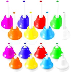 Zhanmai 16 Pieces Music Bells Include 8 Notes Hand Bells and 8 Desk Bells Colorful Diatonic Metal Bells for School Wedding Church Chorus Holiday Party Supplies, 2 Styles