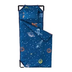 Wake In Cloud - Cot Nap Mat with Pillow and Blanket, for Toddler Kids Boys Girls in Daycare Kindergarten Preschool Pre K with Elastic Corner Straps, Spaces Stars Planet Galaxy, Navy White Orange
