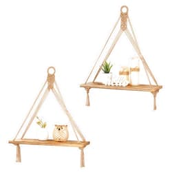 Mkono Macrame Hanging Shelves Boho Wall Decor Set of 2 Rustic Wood Floating Storage Shelf for Bedroom Bathroom Living Room Nursery Dorm Room, Display Shelving for Hanging Plants Photos