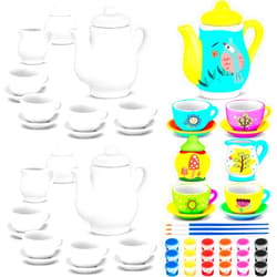 PullCrease 45 Pcs Porcelain Mini Tea Cup Set Including Porcelain Dishes Brush Children Ceramic Play DIY Craftfor Kids Girls 6-8 and up Party Birthday Gift Baby Shower Wedding Supplies (Cute Style)