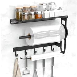 CLESOO Paper Towel Holder - 4 in 1 Wall Mount Kitchen Paper Rack with Shelf, Towel Holder & Hooks, Easy Tear Paper Roll Holder with Two Fixing Tubes Suitable for Kitchen, Bathroom, Garage & Tool Room