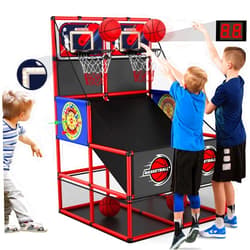 HYES 2 in 1 Dual Shot Basketball Arcade Game with 2 Dart Boards/Electronic Scoreboard/LED Light, Kids Basketball Hoop for Home Indoor Outdoor, Sport Toys Gifts for Boys Girls Ages 3-12 Years Old