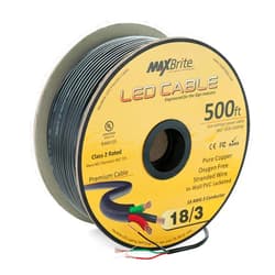 MaxBrite 500 ft. 18AWG Low Voltage LED Cable 3 Conductor Black Sleeve in-Wall Speaker Wire UL/cUL Class 2 Certified