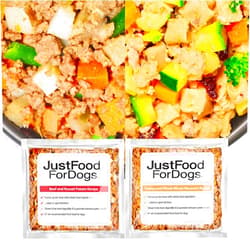 JustFoodForDogs Frozen Fresh Dog Food, Complete Meal or Dog Food Topper, Beef & Russet Potato/Turkey & Whole Wheat Macaroni Human Grade Dog Food Recipe, 5.5 oz (Pack of 36)