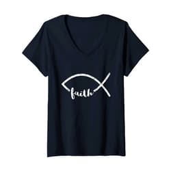 Christianity Jesus Christ Ichthy Fish Church Womens Jesus Fish Ichthy Emblem Christian Faith Symbol Ichthus V-Neck T-Shirt