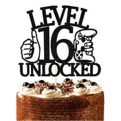 First Holy Communion Level 16 Unlocked Cake Topper, Video Game Theme Happy 16th Birthday Cake Decor, Sweet 16, Boys Girls Funny 16th Birthday Decorations Black Glitter