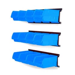 Ultrawall Wall Mounted Storage Bins, Plastic Hanging Storage Organizer Bins, Garage Tool Storage System for Screws, Nuts, Bolts, Nails, and Small Hardware Parts, 12x bins & 3 x rails, Blue