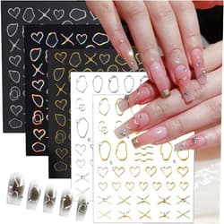 Sutaozhi Simple French Nail Art Stickers Heart Lines Nail Decals 3D Self Adhesive Hollow Geometric Frame Nail Stickers with Diamond Design Stripe Nail Supplies Bronzing French Nail Decoration for Women 5Pcs