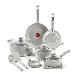 T-fal Refresh Ceramic Ceramic Non Stick Cookware Set 12 Piece, Oven Broiler Safe 350F, Cookware, Kitchen Cooking Set w/Fry Pans, Saucepans & Kitchen Utensils, Pots and Pans Set Nonstick, Moon Gray