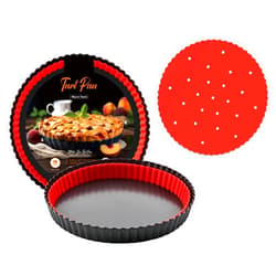Maywe Tanso Tart Pan Set,10 Inch Tart Pan with Crust Shaper Ring & Silicone Pie Weights,Non-stick Round Carbon Steel Deep Fluted Pie Pan- Quiche Baking Dish Tart Pans For Baking Party Festival