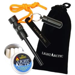 LightArctic 6-in-1 Fire Starter Survival Gear: Ferro Rod Kit Includes Compass, Whistle, 11 pcs Waxed Tinders with Waterproof Capsule - Tested in The Most Extreme Weather Conditions