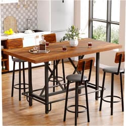 Tribesigns Bar Table, Industrial Counter Height Pub Table with Metal Footrest, 63-Inch Rectangle Wood Kitchen Dining Table with Sturdy Metal Frame for Dining Room, Home Bar (Brown)