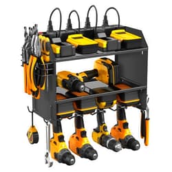 CCCEI Modular Power Tool Organizer Wall Mount with Charging Station. Garage 4 Drill Storage Shelf with Hooks, Screwdriver, Drill Bit Heavy Duty Rack, Tool Battery Holder Built in 8 Outlet Power Strip.