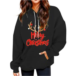 Generic Hoodies for Women Trendy Christmas Printed Drawstring Long Sleeve Hooded Sweatshirt Pullover Casual Top with Pocket