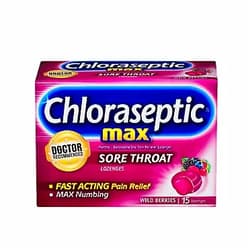 Chloraseptic Max Strength Sore Throat Lozenges, Wild Berries Flavor, 15 Count 15 Count (Pack of 1) Wild Berries