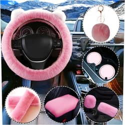 ZWZCYZ Cute Fluffy Steering Wheel Cover Sets,ZWZCYZ Bear Lovely Fuzzy Plush Steering Wheel Cover for Women Girls,Furry Car Steering Wheel Cover,Fluffy Car Accessories Pack of 9