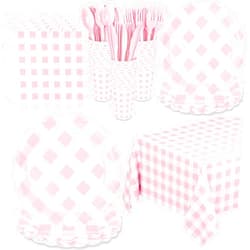 WNINK 176 PCS Light Pink Gingham Plates and Napkins, Pink Checkered Disposable Plates Set with Napkins Cups Plastic Spoons Forks Knives for Dinner Birthday Baby Shower Wedding Supplies Serve 25 Guests