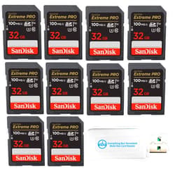Everything But Stromboli SanDisk 32GB SD Extreme Pro Memory Card (Ten Pack) for Digital DSLR Camera 4K UHD V30 UHS-I Class 10 U3 (SDSDXXO-032G-GN4IN) Bundle with (1) Everything But Stromboli MicroSDHC & SD Card Reader