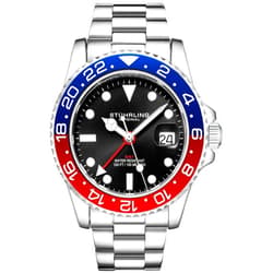 Stuhrling Original Men's Watch Stainless Steel Triple Row Bracelet Dual Time Date with Screw Down Crown