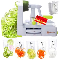 Brieftons 5-Blade Vegetable Spiralizer: Strongest-Heaviest Spiral Slicer, Best Veggie Pasta Spaghetti Maker for Low Carb/Paleo/Gluten-Free/Vegan Meals, With Extra Blade Caddy, 4 Recipe Ebooks
