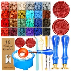 HOSEALING Christmas Wax Seal Stamp Kit, 630 Pcs Wax Seal Beads, 2pcs Wax Seal Stamp, 1Pcs Wax Seal Warmer, 2Pcs Metallic Pens, 1pcs Wax Spoon, 10Pcs White Candles(Stamp Warmer Beads Kit)
