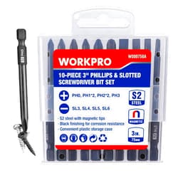 WORKPRO 10pcs Slotted Phillips Screwdriver Bit Set, S2 Steel Magnetic Screwdriver Bits Set, CNC Machined Tips, 1/4 Inch Hex Shank Driver Bits, 3 Inch Long Screwdriver Bits Set with Storage Box