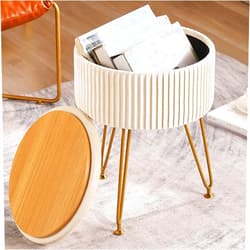 CUYOCA Round Storage Ottoman with Tray, Vanity Stool with Storage for Living Room Makeup Room, Coffee Table Foot Rest Stool for Vanity, Velvet Cream