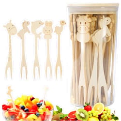 Bltnever Mini Bamboo Forks, Appetizer Forks, 50 Pcs Cute Cartoon Bamboo Fruit Toothpicks, Wooden Food Forks, Animal Toothpicks, Charcuterie Boards Accessories, Bamboo Skewers for Cocktail Parties (A)