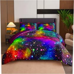 Tailor Shop Galaxy Comforter Set Colorful Outer Space Starry Sky Rainbow Night Pattern Bedding Set for Girls Boys Kids Queen Size with 1 Comforter 2 Pillowcases……