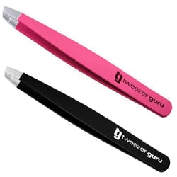 TWEEZER GURU 2-Pack Slant Tip Stainless Steel Tweezers for Eyebrows - Professional Precision Tweezing for Facial Hair
