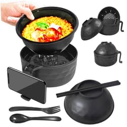 YEINLAN Ramen Bowl Set，Microwave Ramen Cooker Instant Noodles Bowl with Chopsticks Spoon Phone Holder,Rapid Ramen Noodle Bowl for College Dorm Room Essentials Dishwasher-Safe(Black)
