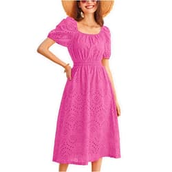 GRACE KARIN 2025 Women's Eyelet Dresses Summer Square Neck Short Puff Sleeve Casual A Line Boho Midi Dress