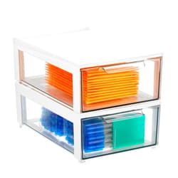 mDesign Plastic Stackable Office Storage Organizer Bin Containers with Front Pull Drawer for Cabinet, Desk, Shelves, or Closet Organization - Lumiere Collection - 2 Pack - White/Clear