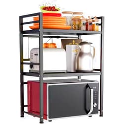 DOLALIKE Expandable Microwave Rack, Countertop Kitchen Utensils Tableware Storage, Carbon Steel 3 Tier Shelf with 3 Hooks