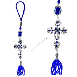 LUCKBOOSTIUM Lucky Cross Hanging Ornament with Blue Crystal, Evil Eye and Matching Tassels & and Durable Cord - Sign of Good Luck and Protection - Home & Car Rear View Mirror Hanging Accessories