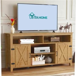 YITAHOME Highboy Farmhouse Barn Door TV Stand for 65 Inch TV, Modern Entertainment Center for 300 lbs, Rustic TV Media Console Storage TV Cabinet for Living Room, Barnwood, 59.5”
