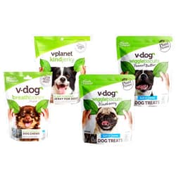 V-dog Treat Bundle for Small Dogs | 100% Vegan Jerky Treats | Soft and Chewy Dog Biscuits (Natural Blueberry Natural Peanut Butter) | Vegan Breathbone Teeth Cleaning Dental Bones