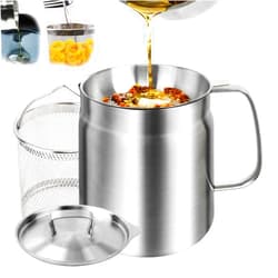 Bakpoco 2L Stainless Steel Oil Filter Pot, Bacon Grease Container with Strainer & Deep Fryer Basket, Kitchen Cooking Oil Lard Fat Saver, Pasta Vegetable Pot for One, Triply-Base Suits All Stoves