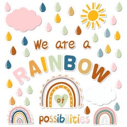 ZOIIWA Boho Rainbow Bulletin Board Set Decorations We are A Rainbow of Possibilities Cutouts Motivational Back to School Wall Decals Clouds Raindrops Sun Paper-Cuts for Classroom School Office Decor Supplies
