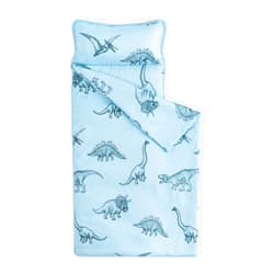 Wake In Cloud - Toddler Nap Mat with Pillow and Blanket, for Kids Boys Girls in Kindergarten Daycare Preschool Pre K, Roll Up Sleeping Bag, Jurassic Dinosaur Dino, Light Blue, Standard