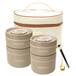 WORTHSUN Stainless Steel Bento Box Adult Lunch Box with Thermos,Portable Insulated Food Lunch Container Set with Thermal Lunch Box, 4 Separate Stackable Lunch Container Microwave (Khaki 68oz)