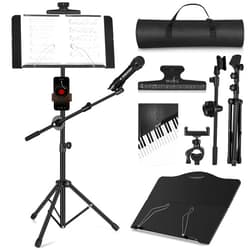 Vangoa Music Stand, Vangoa Folding Sheet Music Stand with Detachable Microphone Stand & Phone Holder, Portable Lightweight with Music Sheet Clip Holder & Carrying Bag for Instrumental Performance