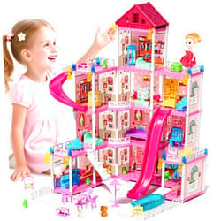 Lehoo Castle Doll House Dreamhome, 4-Story 12 Rooms Dollhouse Playhouse with Doll and Furniture, Pretend Dream Dollhouse Playset Pink Girl Toys, Sturdy Construction, Easy to Move, Ideal Gift Toy