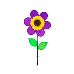 In the Breeze 2775 — 12-inch Purple Sunflower Wind Spinner with Leaves — Colorful Flower for Yard and Garden
