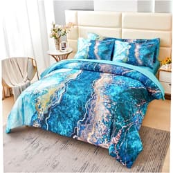 PERFEMET 6 Pcs Teal Marble Comforter Set Queen Watercolor Marble Printed Quilt Set Luxury Retro Artwork Style Teal and Gold Bed in A Bag Complete Set(Teal, Queen)