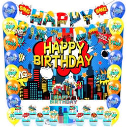 AILIMY 42pcs Superhero Birthday Party Decoration Disposable Banner，Cake Topper，Blackdrop,Balloons for Baby Shower Supplies Hero Party Decoration