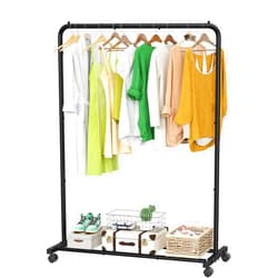 Simple Trending Standard Clothes Clothing Garment Rack with Storage Shelves, Rolling Clothes Organizer on Wheels for Hanging Clothes, Black