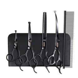 GEMEK Dog Grooming Scissors Kit with Safety Round Tips, GEMEK Professional 6 in 1 Grooming Scissors for Dogs, Heavy Duty Titanium Coated Pet Grooming Scissor for Dogs, Cats and Other Animals (Black)